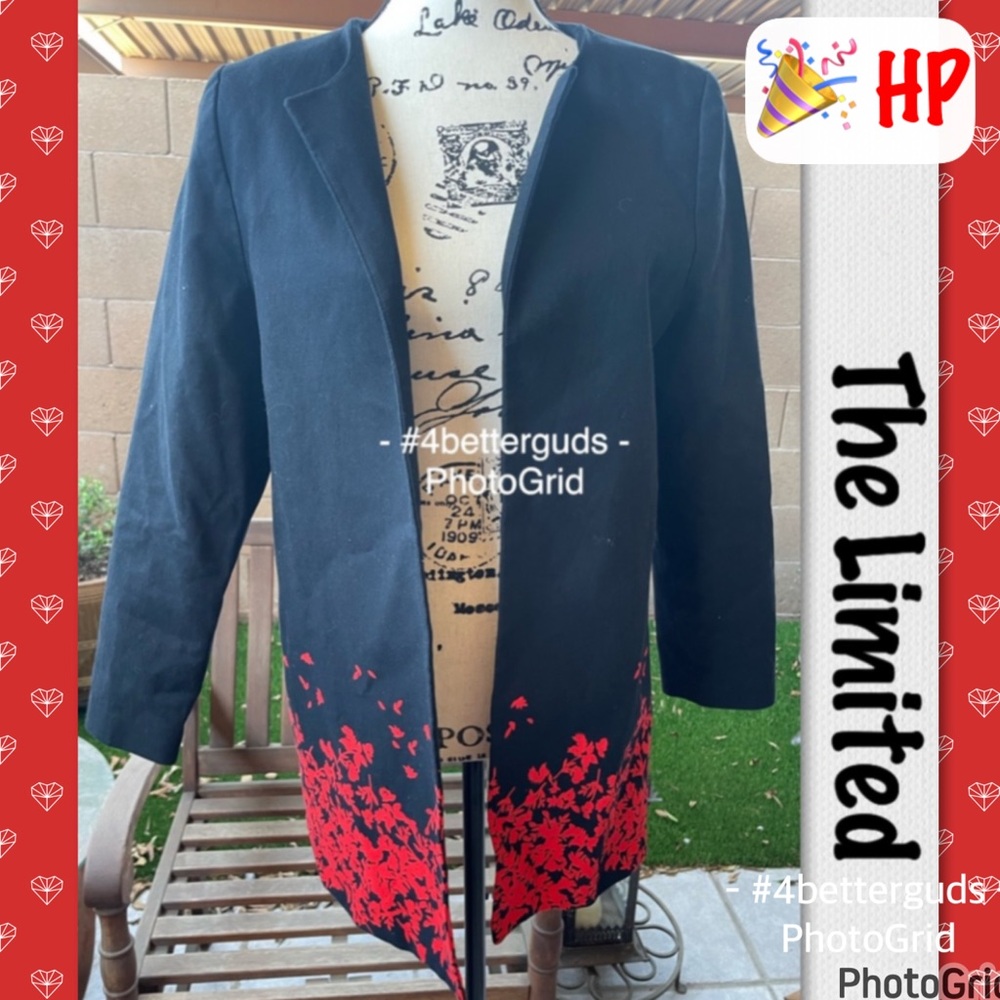 Limited Open front Cotton Black Coat with Red Floral Pattern detail on bottom 6